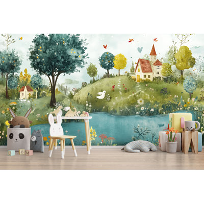 Whimsical Village Landscape Wallpaper With Cottage, River, Birds, And Flowers, Charming Nature Kids Wall Mural For Nursery, Playroom, Or Storybook-Inspired Room