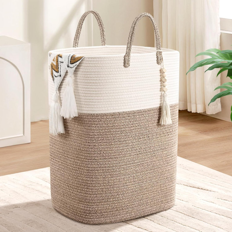 Woven Laundry Basket With Beaded Tassel, Large Rectangular Clothes Hamper For Bedroom Or Nursery, Breathable Cotton Storage Bin For Toys And Dirty Clothes, Home Organization Essential