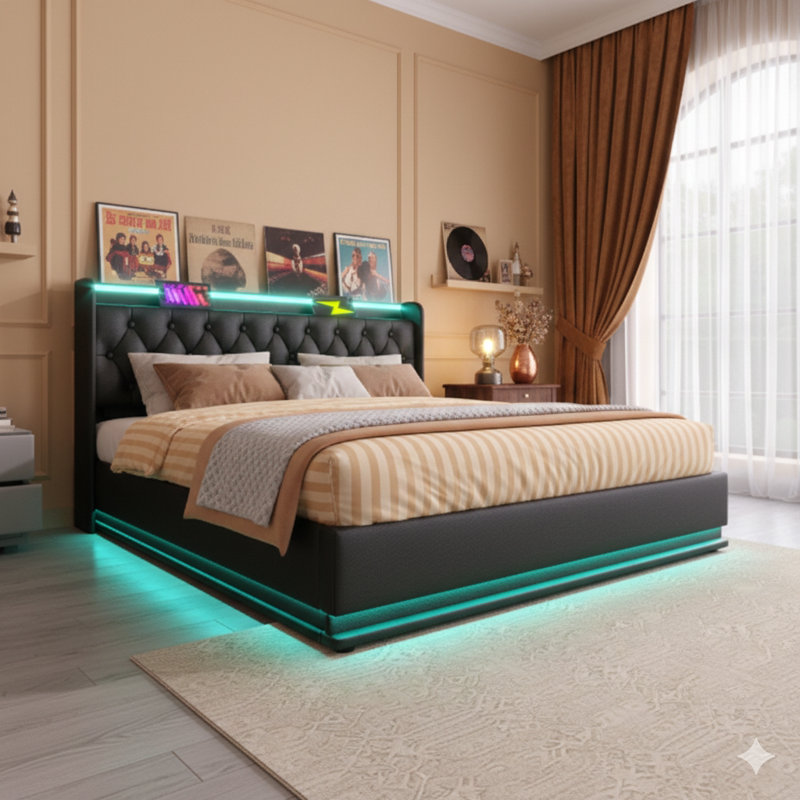 Full Size Upholstered Bed, 360-Degree Surround LED Lighting Function, Controlled Via Buttons/App/Remote, Hydraulic Storage Bed With USB Type-C Charging Ports, Black, PU Leather (Mattress Not Included)