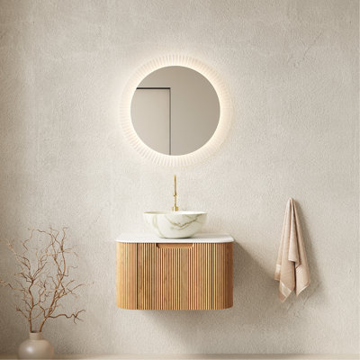 Meuble-lavabo 24 po, meuble-lavabo rayé à bords arrondis avec tiroir, cuve en céramique blanc mat et plateau en pierre frittée blanche, grain de bois naturel pré-assemblé