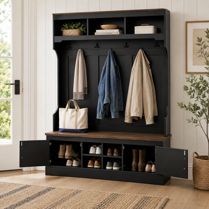 Banc d'arbre de ferme 5 en 1 avec rangement pour chaussures, portemanteaux et crochets, Noir