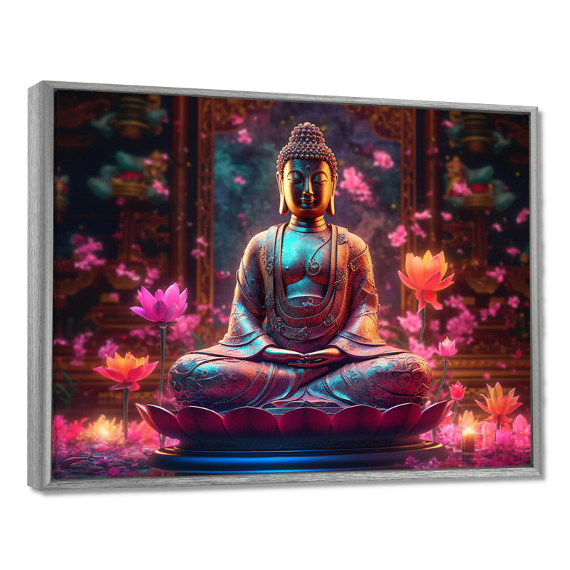Starlight Buddha I - Décoration murale paysage religieux, H 24 po x l 32 po x P 1 po, Cadre argenté