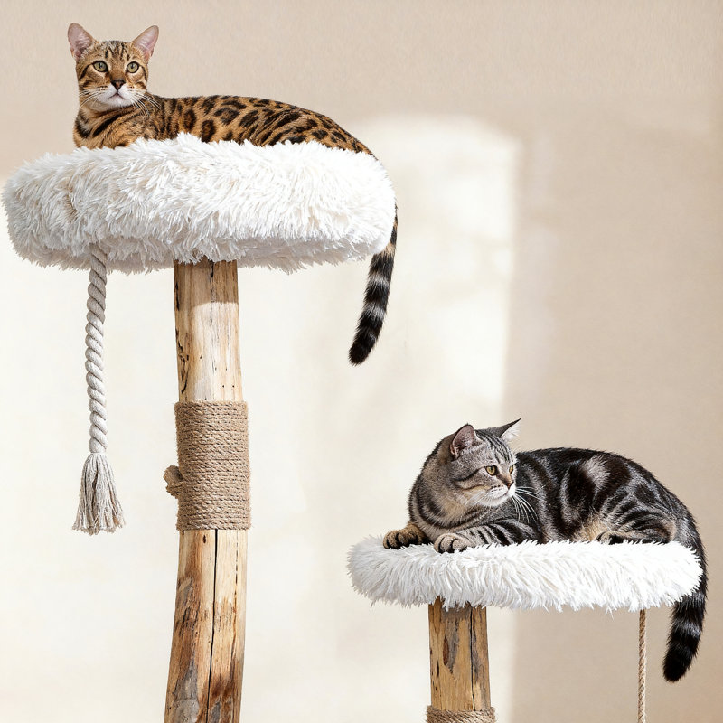 Solid Wood Cat Tree Tower, Natural Wooden Cat Furniture for Indoor Cats, Modern Cat Tree, Sisal Scratching Posts and Hanging Toys, 33"