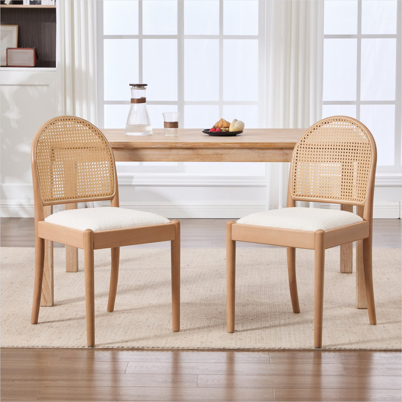 Ensemble de 2 chaises d'appoint avec dossier en rotin, siège en peluche rembourré, pieds en bois massif, beige chaud