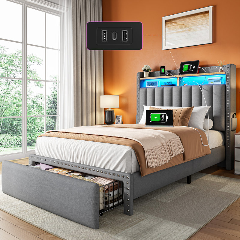 Upholstered Platform Bed with Nailhead Trim, LED Light 2-Tier Shelf Headboard, Charging Station, 2 Under Bed Storage Drawers & 2 Side Pockets, No Box Spring Needed