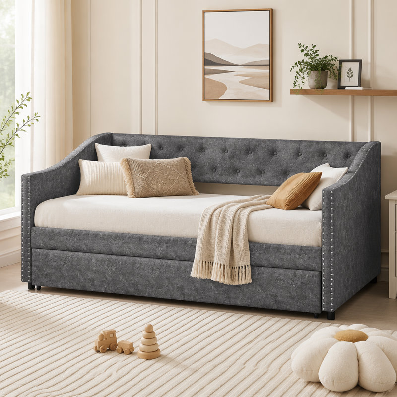 Lit de jour avec chargement USB et lit extensible escamotable, Lit simple, Gris