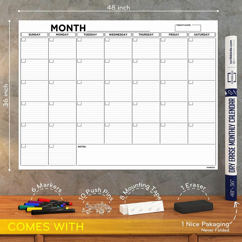 Large 36"x48" White Board Calendar Dry Erase Calendar For Wall Big Dry Erase Wall Calendar 
