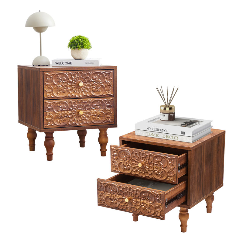 18.14'' Tall 2 Drawer Farmhouse Embossed Nightstands, Walnut
