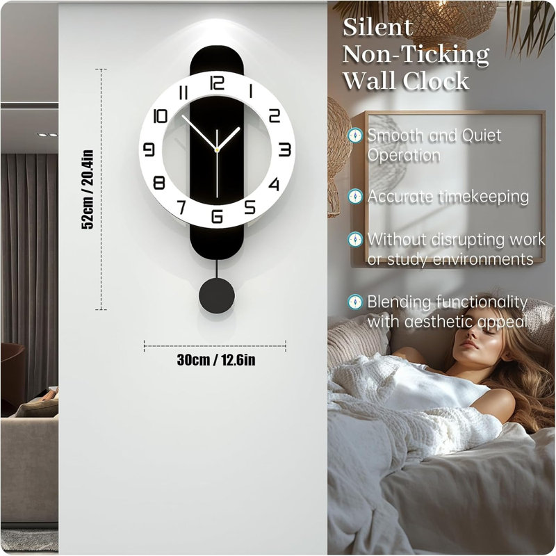 24'' Modern Non Ticking Silent Wall Clock With Pendulum