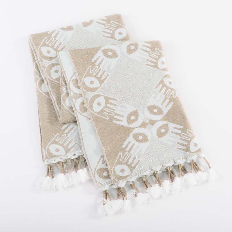 Tan and White Woven Polyester-Acrylic Throw Blanket with Tassels