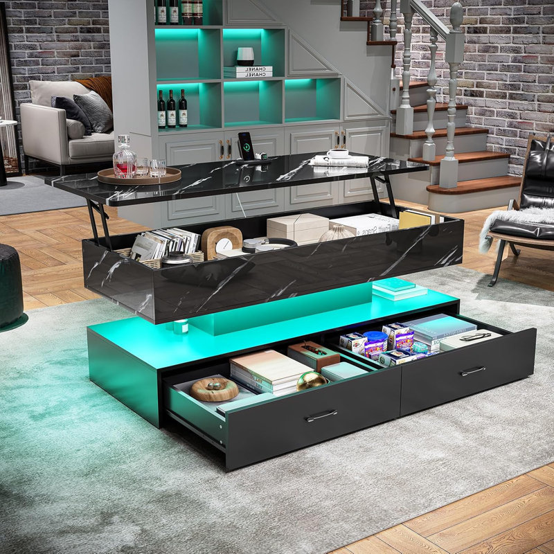 47.2" Lift Top Coffee Table, Coffee Tables with Storage for Living Room, White, Marble
