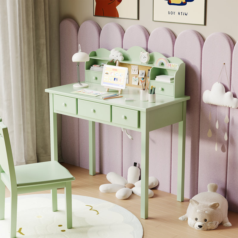 Mailiah Solid Wood Base Writing Desk with Power Outlet, Green
