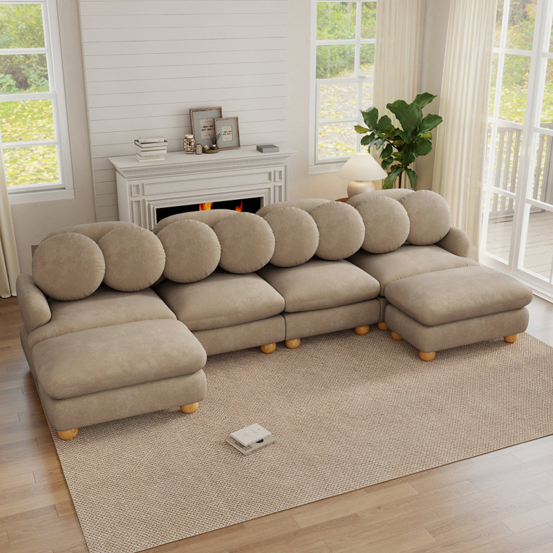 Ensemble de salon modulaire 6 pièces en chenille avec 2 poufs, 8 coussins ronds et pieds en bois massif, taupe chaud