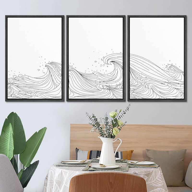 Beach And Waves " Curly Black And White Ocean Waves Nautical Seascape Minimalist Neutral Decor Modern Art " 3 - Pieces, Noir
