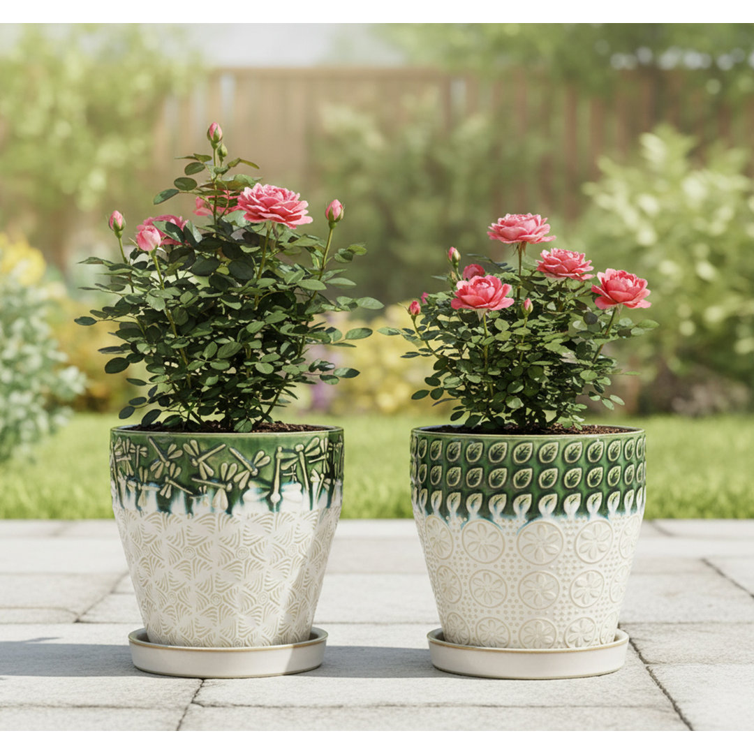 6.2"D x 6.1"W x 6.1"H Ceramic Planter Set of 2 (Green+White) - Indoor-Outdoor