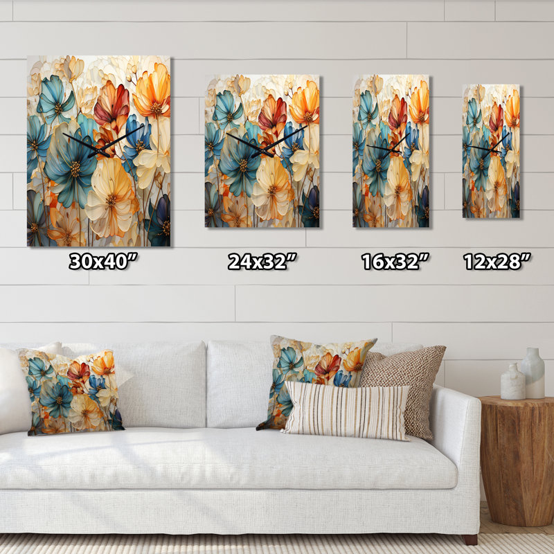 Horloge murale sarcelle pétale orange II - Botanicals abstraits, H 32 po x l 24 po x P 1 po