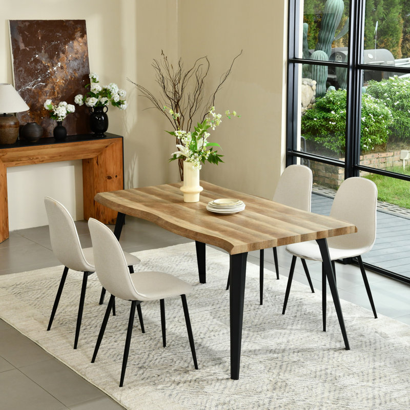 Shivani 5-Piece Modern Dining Set With Rectangular Wood Grain Table And 4 Upholstered Dining Chairs, Beige, Walnut