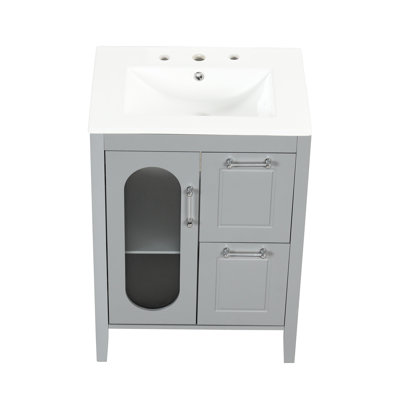 Lavabo de salle de bain 24 po, gris, bois massif et lavabo avec tablette réglable à deux tiroirs 24 po, tiroirs, rangement
