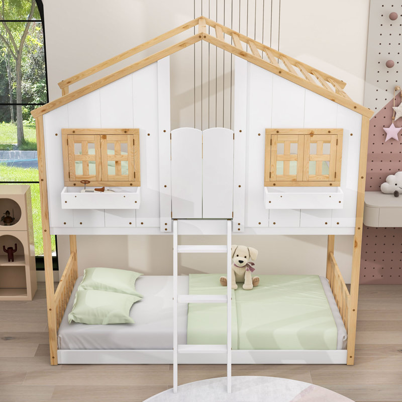 Lit superposé simple au-dessus d'un lit simple en bois avec échelle, Naturel / Blanc