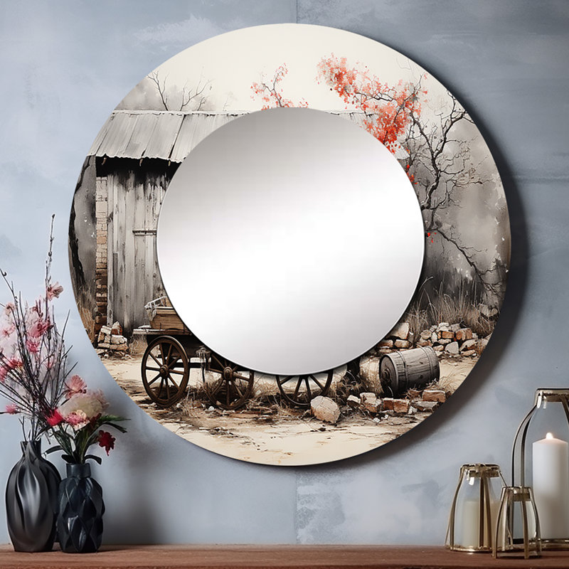 Barn Rustic Elegance I - miroir décoratif de grange, miroir mural rond corail, impression d'art en métal, 23 po x 23 po
