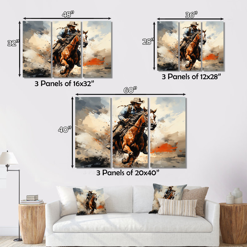 Cowboy Bronco buste sur toile, reproduction de 3 pièces, H 40 po x l 60 po x P 1 po