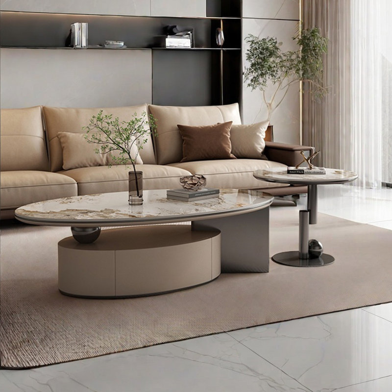 Table basse ovale légère et luxueuse, Gris / Blanc, H 16,5 po x L 55,1 po x l 31,5 po