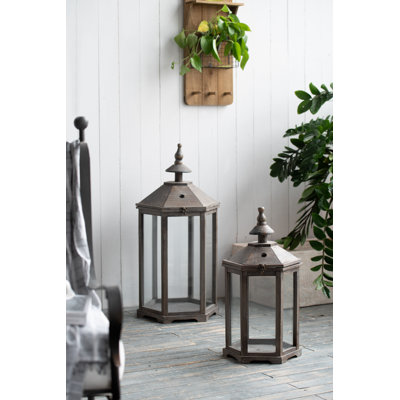 Lanterne de jardin en bois et verre, lot de 2, marron, motif polygonal, porte-bougie décoratif