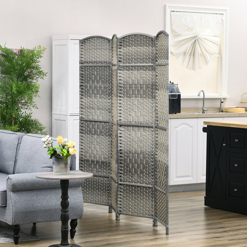 6' Tall Room Divider, 4 Panel Folding Privacy Screen. Mixed Grey Hand-Woven Freestanding Partition For Home. For Bedroom, Office. Foldable, Lightweight, . No Assembly , Foldable.