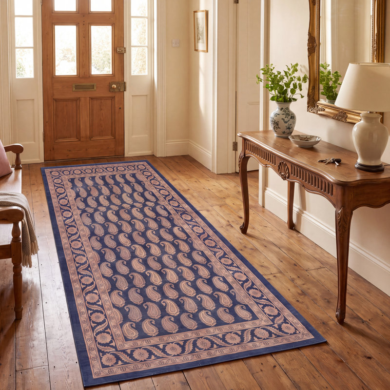 Tapis Obsidian2 traditionnel à motif floral intégral, bleu marine, ivoire, or, vert et rose, antidérapant, à poils courts, pour l'intérieur et l'extérieur, adapté aux animaux de compagnie, salon, chambre, salle à manger, entrée, couloir, bureau, lavable