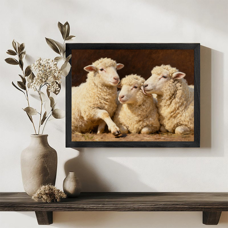 Reproduction d'art encadré noir, petit agneau mignon et douillet, style rétro, H 17 po x l 25 po
