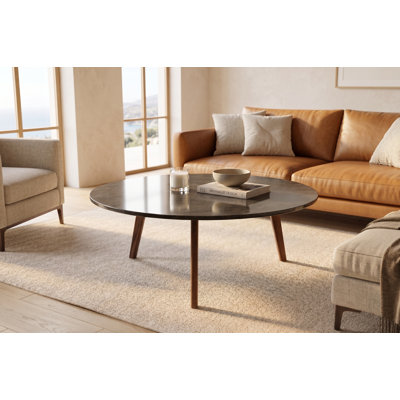 Andrea 31" Round Italian Carrara Marble Coffee Table With Oak Legs