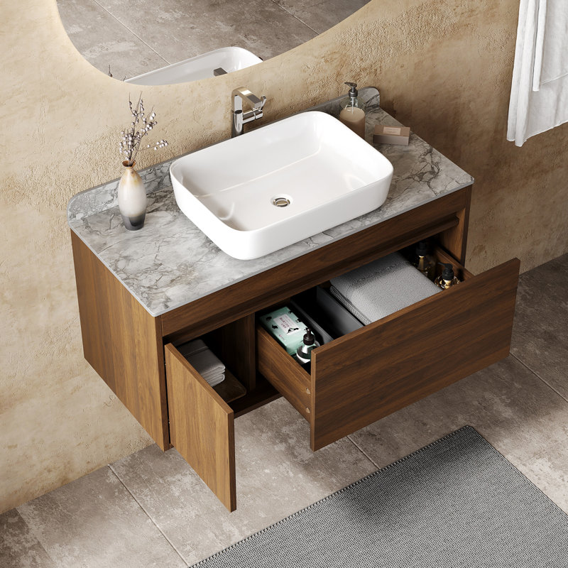 Meuble-lavabo flottant simple 36 po avec lavabo, plateau de table en faux marbre, texture de bois massif brun