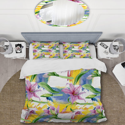 Fleurs jaunes et roses - Ensemble de housse de couette floral - Polyester microfibre