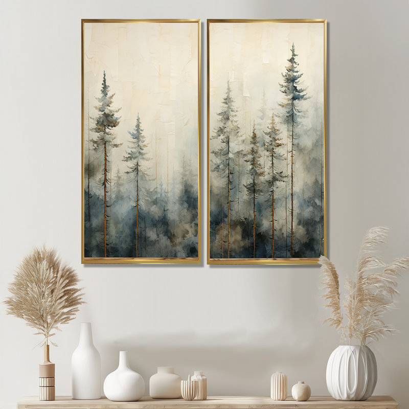 Minimalisme, forêt de pins d'hiver - grande forêt, art mural 2 panneaux, Impression encadrée flottante, H 32 po x l 32 po
