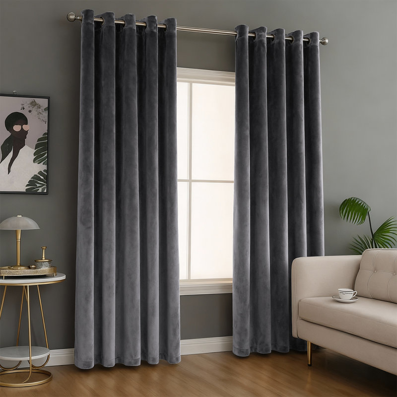 100% Velvet Blackout Curtains with Eyelets & Tie Backs, Charcoal, 168cm Width x 228cm Drop