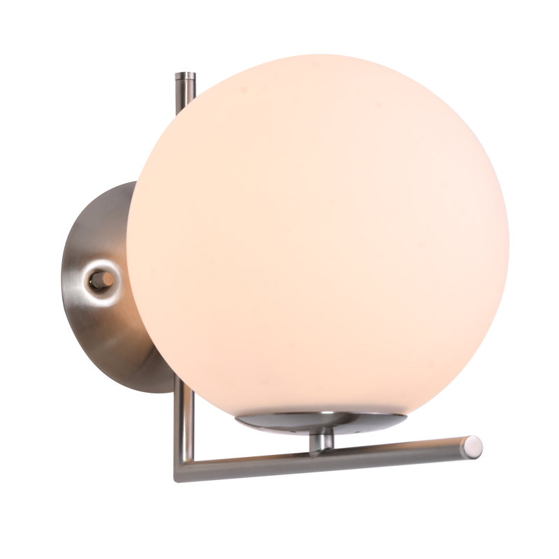 1 Light Armed Wall Sconce With A Milk White Glass Shade, Satin Nickel
