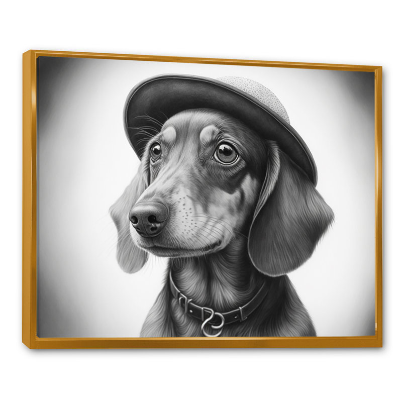 Teckel noir et blanc avec un chapeau - animaux, art mural sur toile, H 12 po x l 20 po x P 1,5 po, Cadre flottant doré