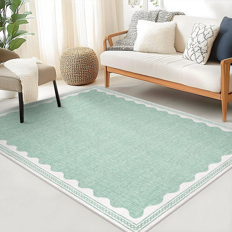 Tapis festonné et lavable pour tapis de chambre à coucher moderne, Vert clair, Rectangulaire 2 pi x 3 pi