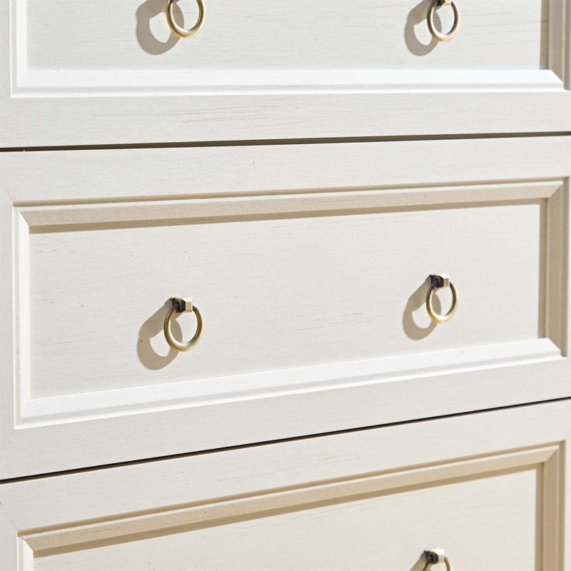 Commode de ferme Eresus avec 5 tiroirs et boutons ronds en métal, Blanc/noyer