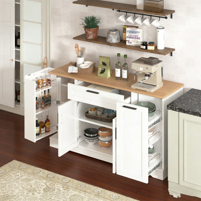 Multi-Functional Storage Sideboard, Extendable Dining Table, Adjustable Shelves, 3-Tier Pull-Out Rack, Kitchen Island Storage For Kitchen, Dining Room, Living Room