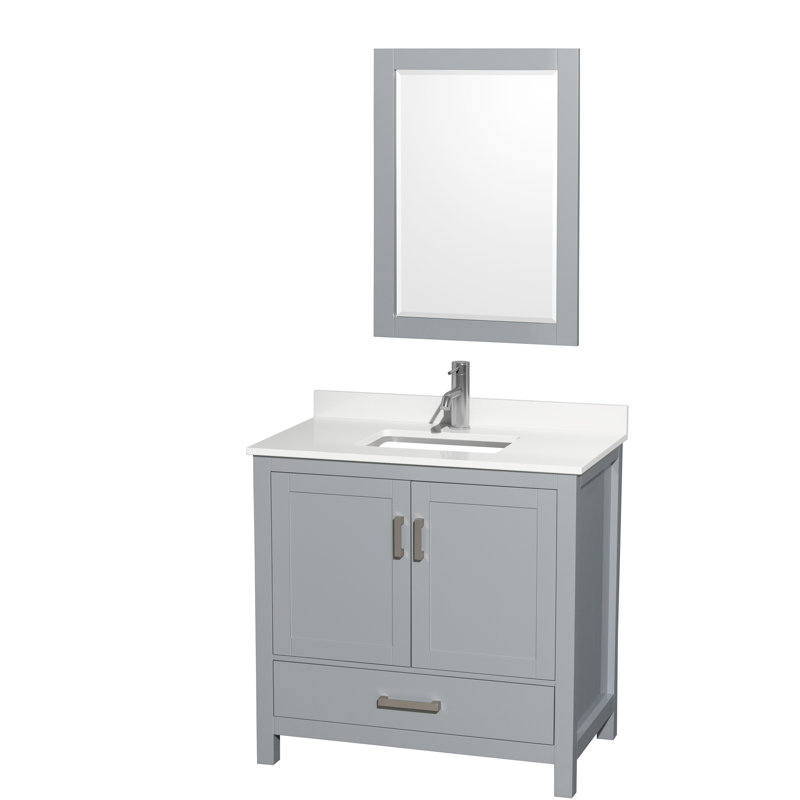 Ensemble de meuble-lavabo simple 36 po avec plateau en quartz et miroir 24 po Sheffield, Quartz blanc, Gris, Chrome