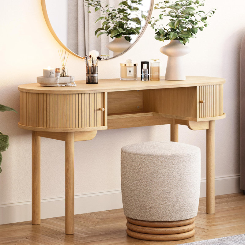 51'' Small Wood Writing Desk and Makeup Vanity Desk with Storage and Sliding Doors - Narrow Computer and Work Table for Home Office, Modern Vanity, Dressing Table for Bedroom (Walnut)
