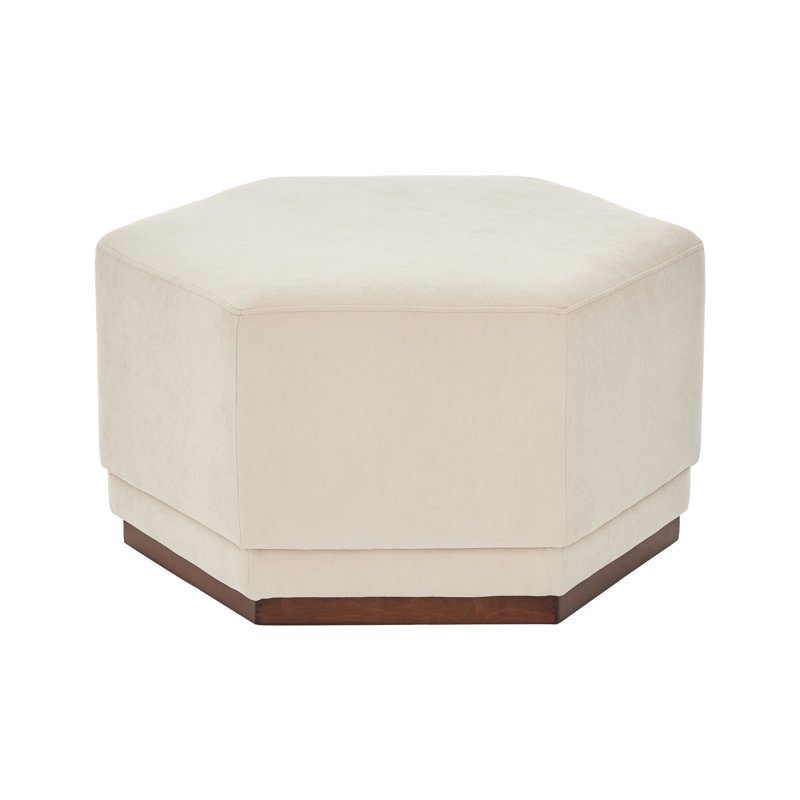 Marlow Contemporary Fabric Upholstered Ottoman with Hexagonal Wood Base, Beige Chenille