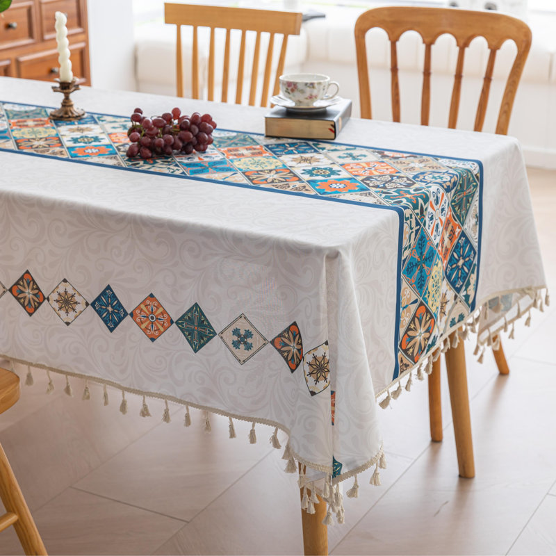  Nappe imprimée à la main pour tables carrées, housse de table géométrique Boho avec bords frangés, nappe décorative pour la cuisine et la salle à manger, 59 po x 59 po