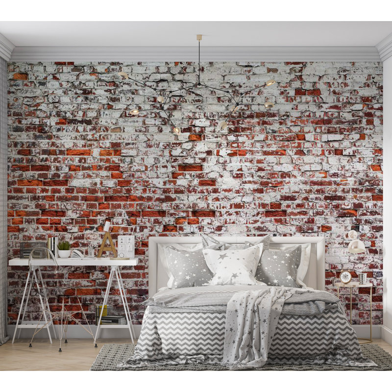 Murale pelez et collez - Vieux mur de briques peintes rustiques, L 135 po x L 100 po