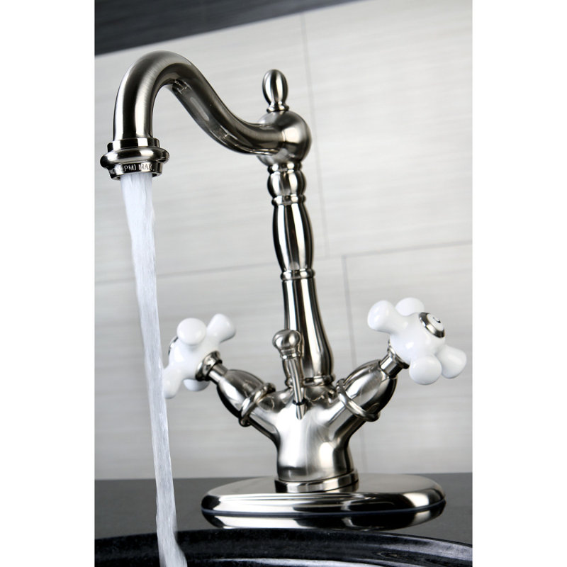 Kingston Brass Heritage Two-Handle 1-or-3 Hole Deck Mount Bathroom Faucet with Brass Pop-Up, Brushed Nickel