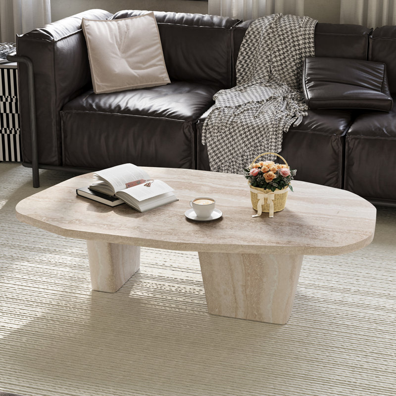 Table basse 47,4 "moderne et rectangulaire beige pour salon avec trois pieds, Beige