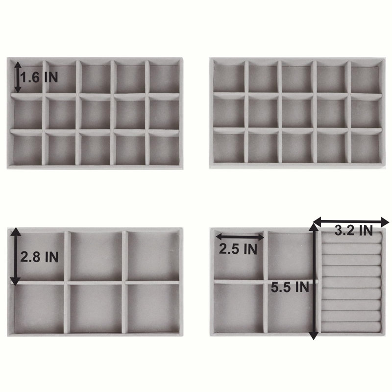 Ensemble de 4 plateaux à bijoux empilables, organisateur de boucles d'oreilles en velours, organisateur de bijoux, présentoir de rangement de tiroir (gris)