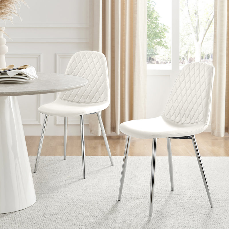 Corova Faux Leather Modern Dining Chairs with Metal Tapered Legs & Diamond Stitching, White, Silver