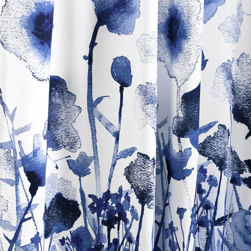 Navy Floral Room Darkening Polyester Window Curtain Panels